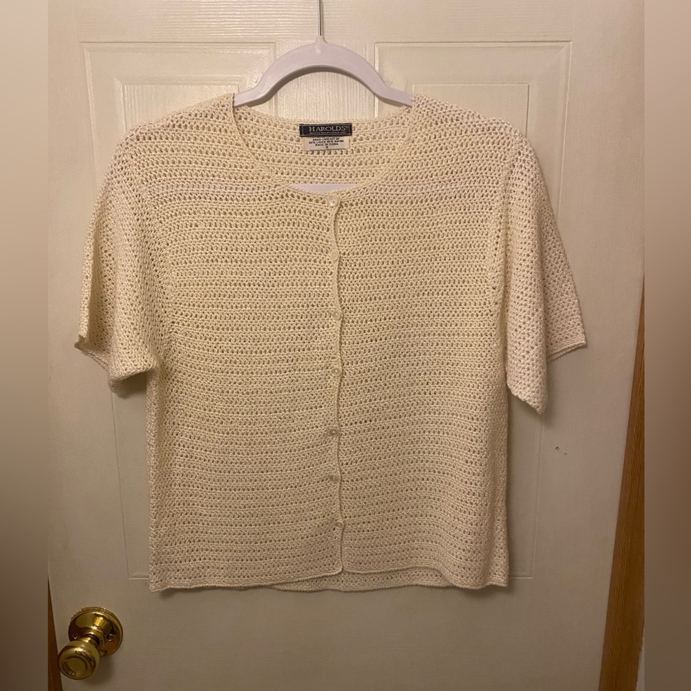 VTG Harold's Cream Open-Weave Crochet Linen Blend Cardigan Top